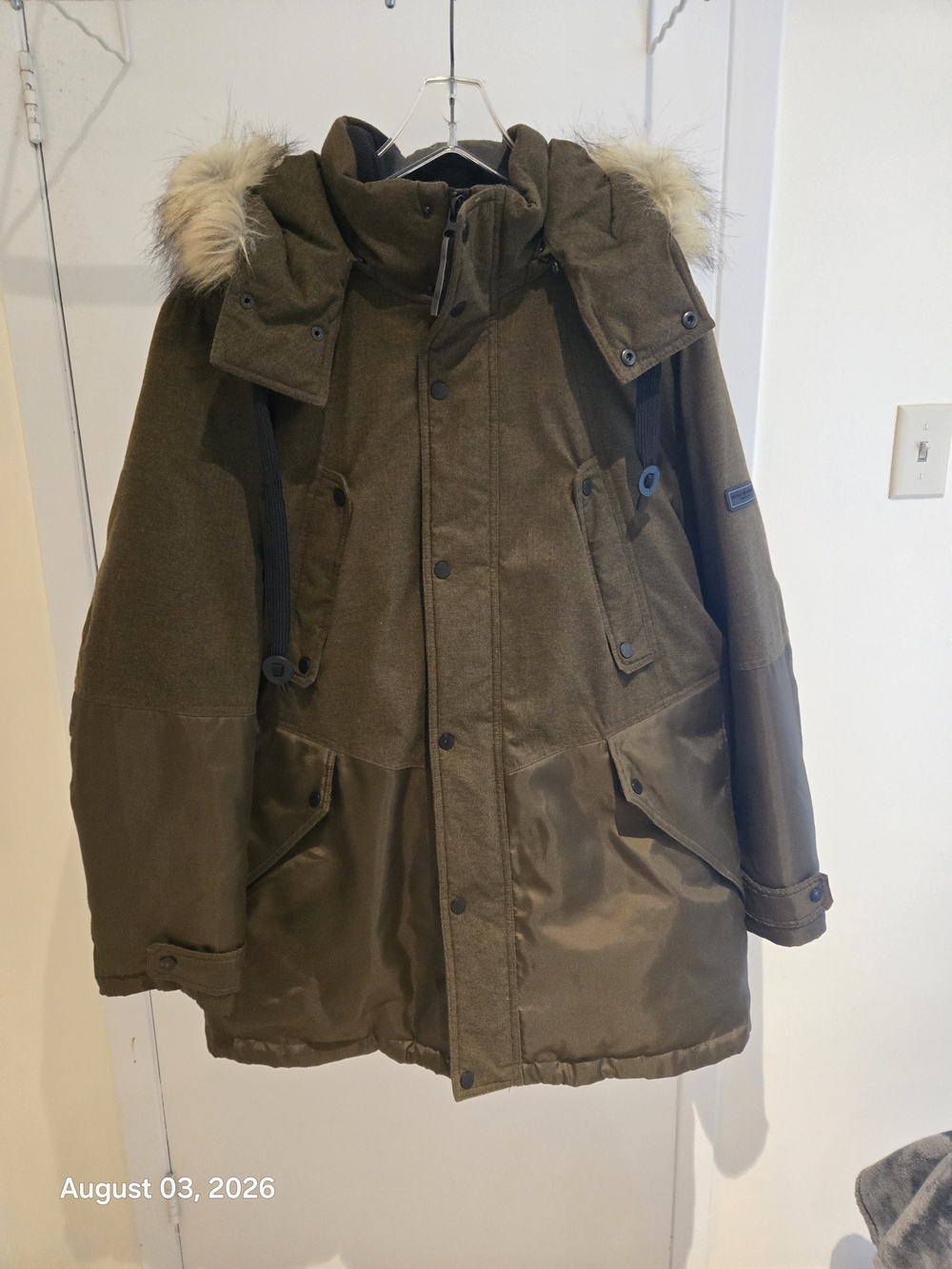 Men's Andrew Marc Moss Green Fur-Trim Hooded Winter Parka Jacket Size L